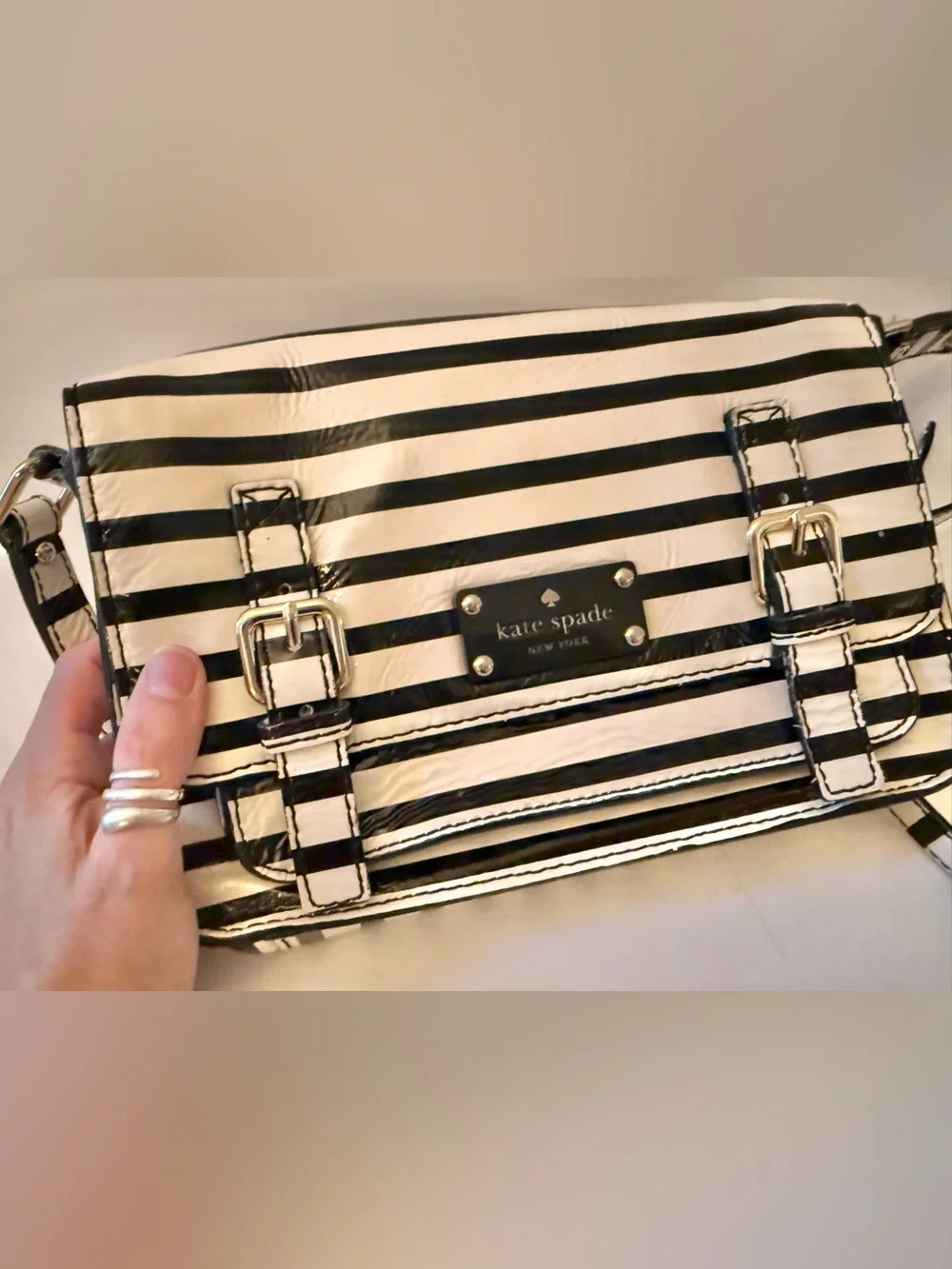 Kate Spade Patent Leather Black & Off-White Striped Crossbody Purse